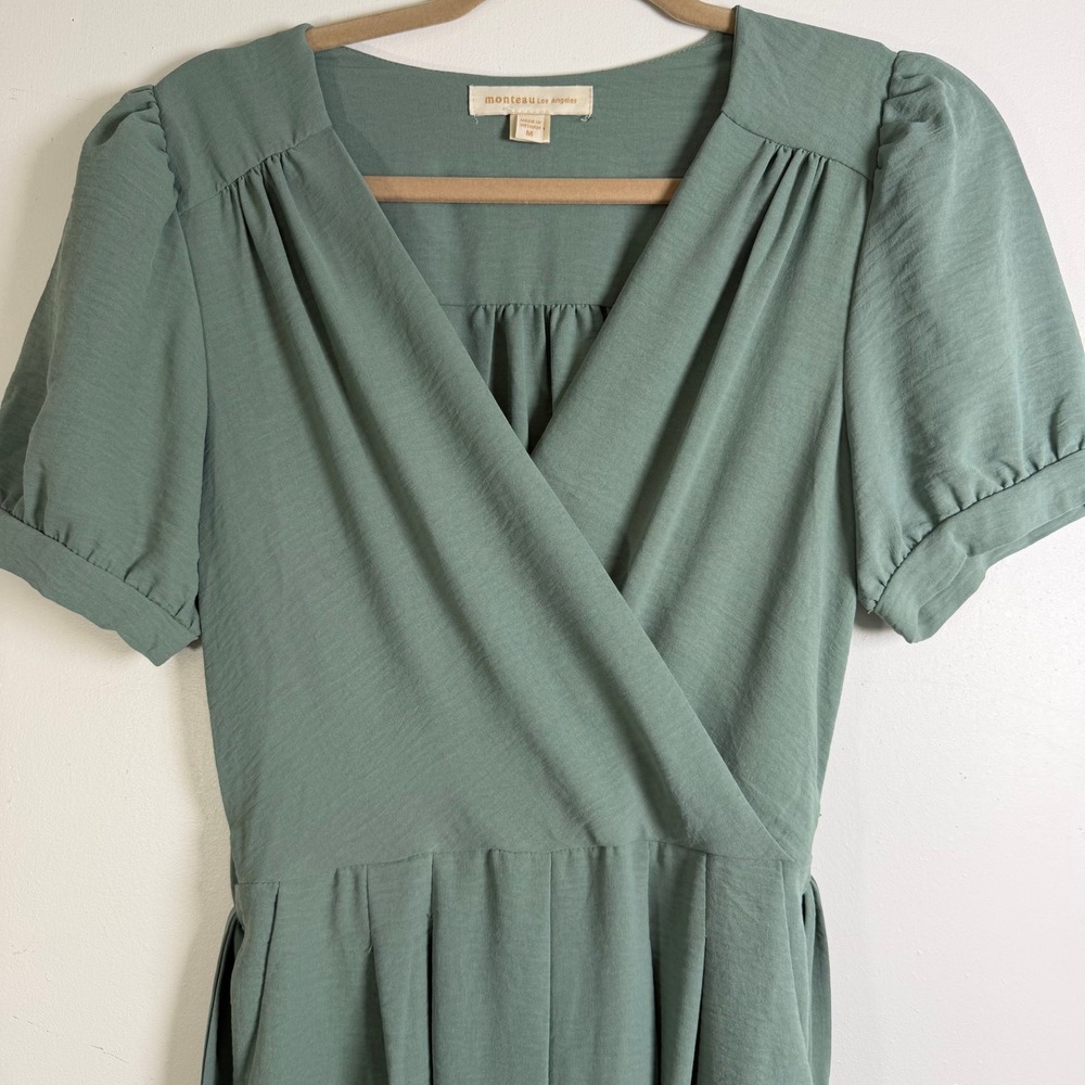 Monteau Jumpsuit Womens Medium Sage Green Wrap V-Neck Puff Sleeve Wide Leg Boho - Picture 3 of 9
